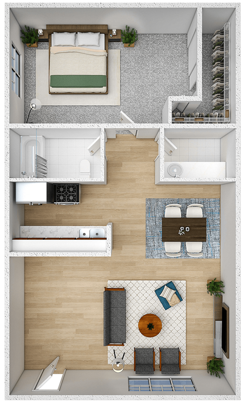 an overhead view of a house with a bedroom and a living room
